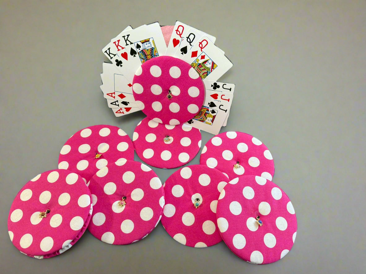 Pink polkadot card holders with various colored charms - Set of 8