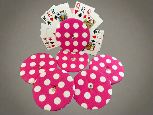 Pink polkadot card holders with various colored charms - Set of 6