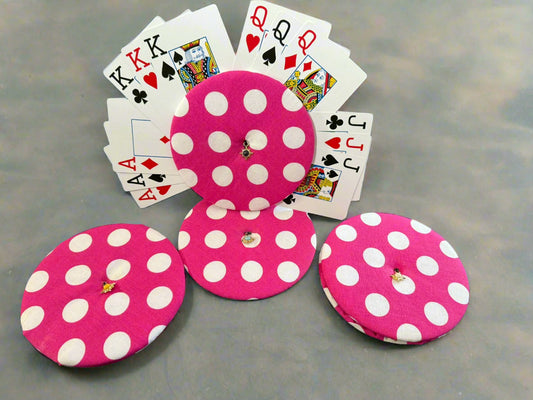Pink polkadot card holders with various colored charms - Set of 4
